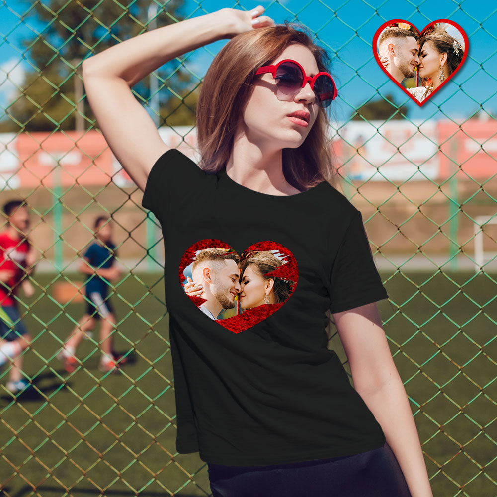 Custom Sequin T-Shirt Personalized Heart-shaped Photo Sequin T-Shirt Creative Gift